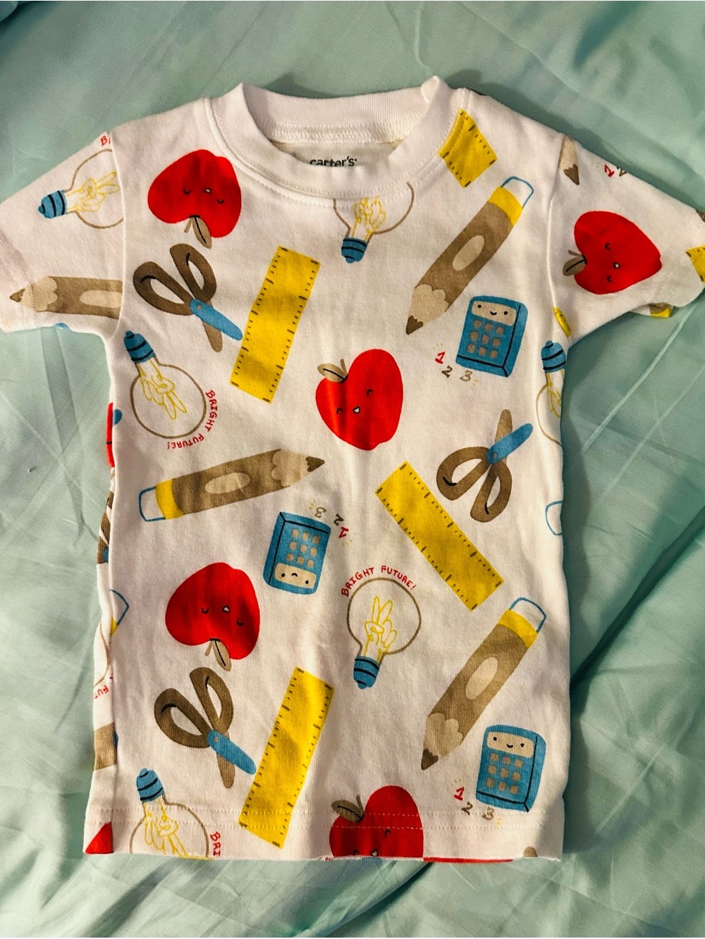 Carter's White Tee with Red Apple & Yellow School Print